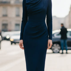 Navy draped long-sleeve midi dress by My Store, perfect for summer business attire, shown on a model.
