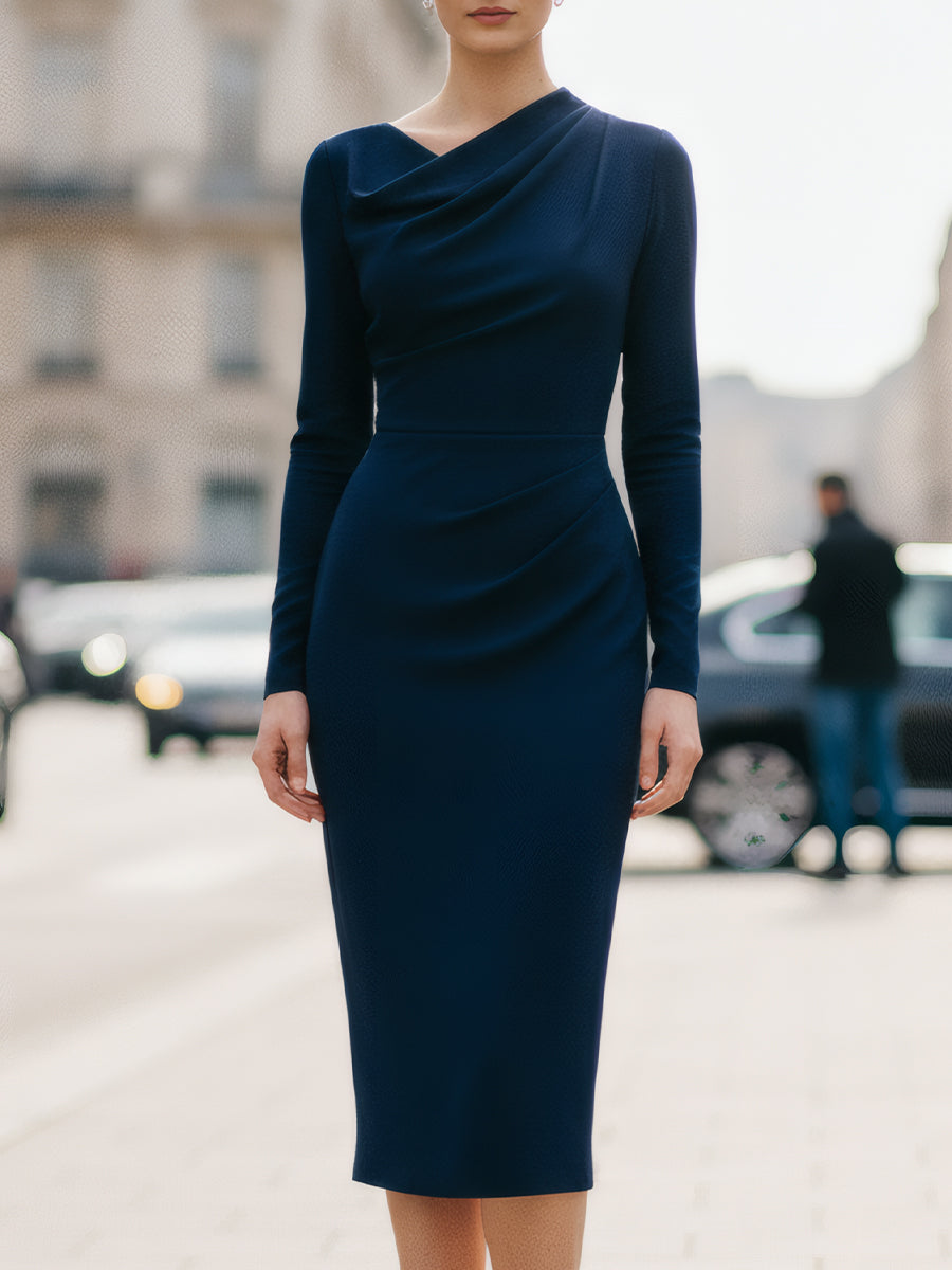 Navy draped long-sleeve midi dress by My Store, perfect for summer business attire, shown on a model.