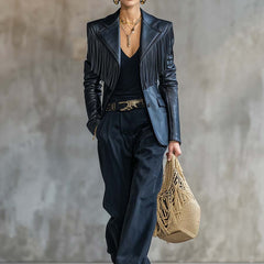 Black faux leather blazer with tassel details and notch lapel, stylish jacket from My Store's Jackets & Blazers collection.