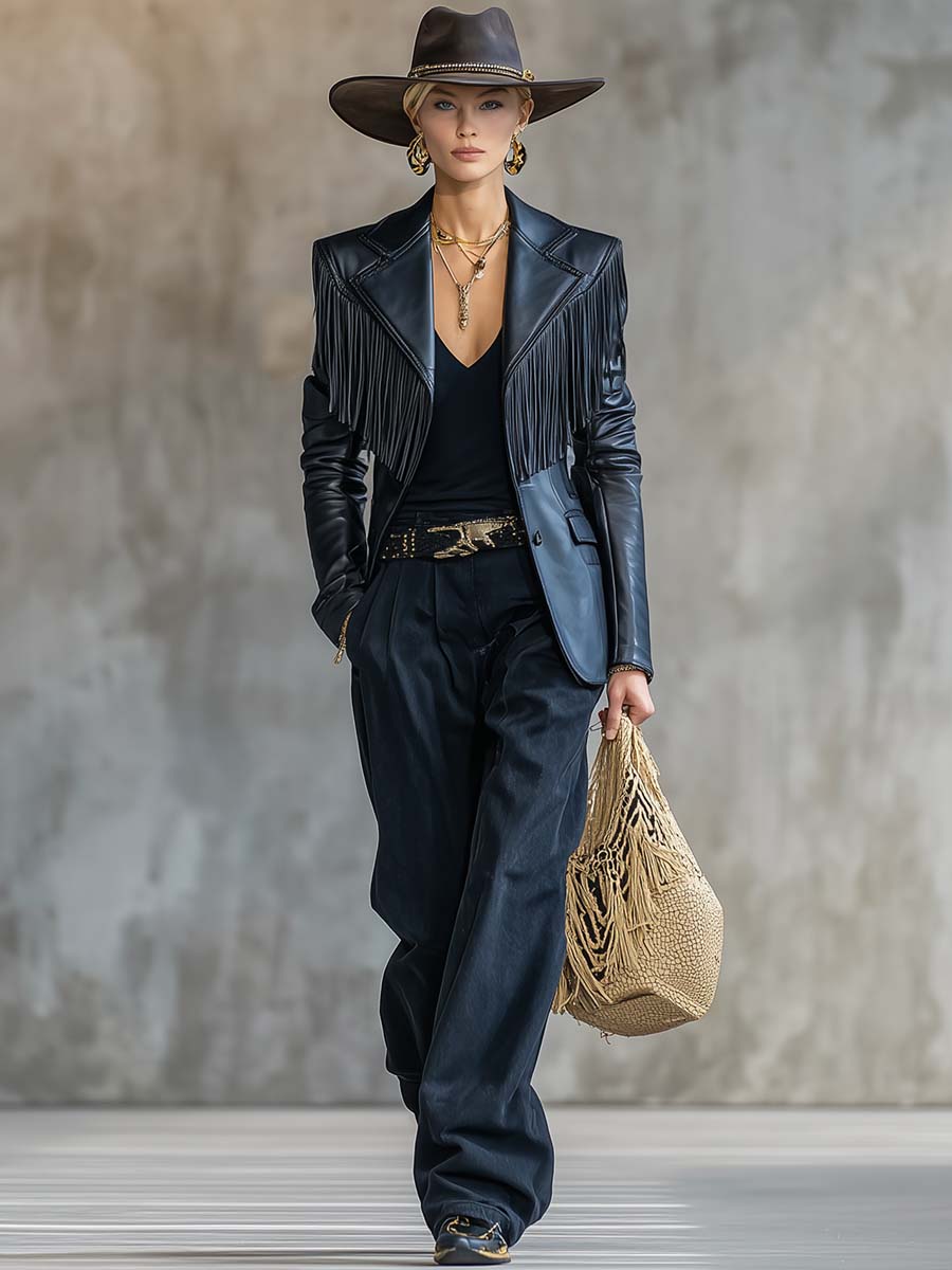Black faux leather blazer with tassel details and notch lapel, stylish jacket from My Store's Jackets & Blazers collection.