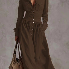 High waisted long sleeve maxi dress by My Store featuring buttoned pleated pockets, solid color, split-joint lapel, and elegant design.