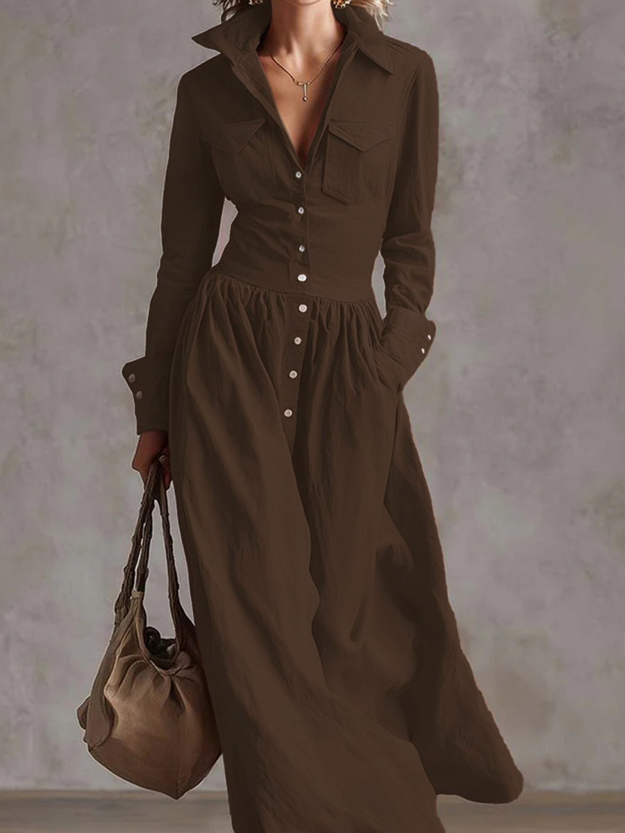 High waisted long sleeve maxi dress by My Store featuring buttoned pleated pockets, solid color, split-joint lapel, and elegant design.