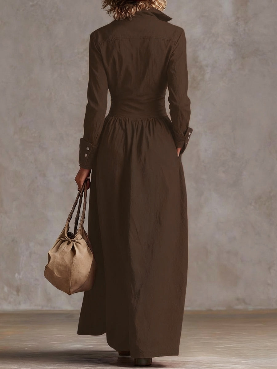 High waisted solid color maxi dress with long sleeves, buttoned front, pleated pockets, and split-joint lapel from My Store.