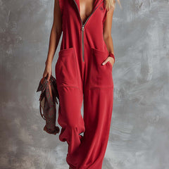 Raspberry red cotton hooded jumpsuit with zip-front and pants style, designed for women, featuring a comfortable, casual fit.