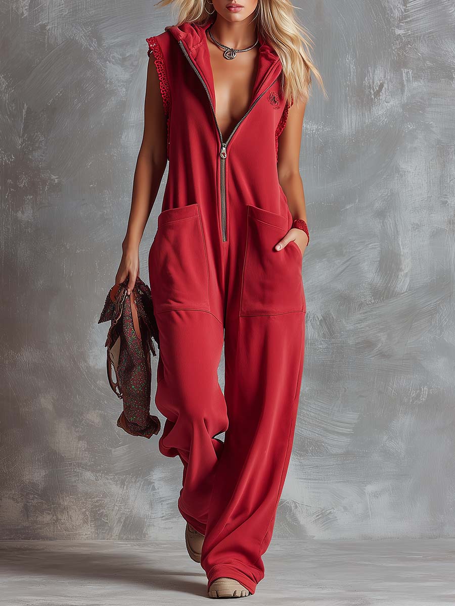 Raspberry red cotton hooded jumpsuit with zip-front and pants style, designed for women, featuring a comfortable, casual fit.
