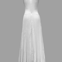 White A-line maxi dress with loose pleats and V-neck, styled as a solid color dress by My Store.