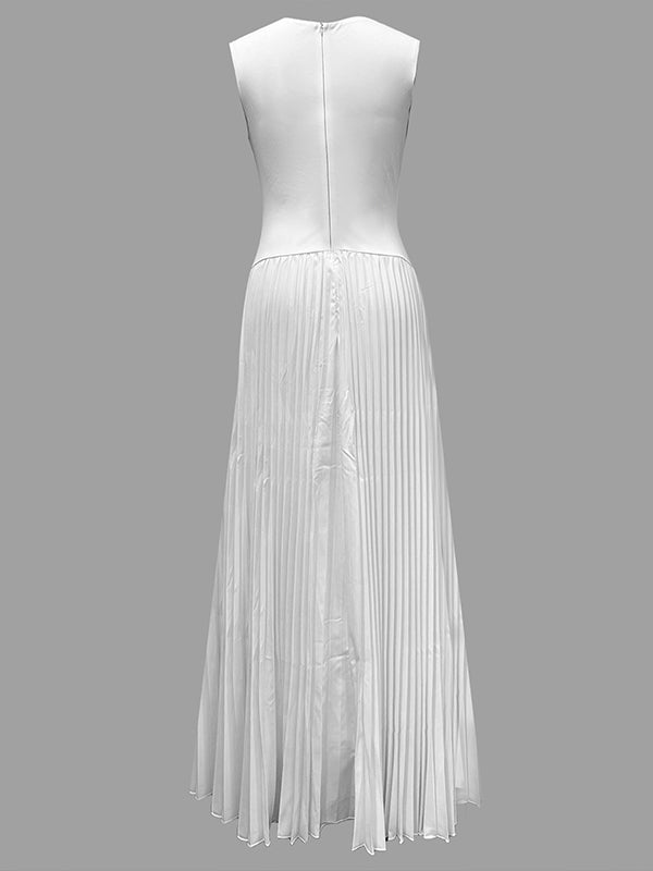 White A-line maxi dress with loose pleats and V-neck, styled as a solid color dress by My Store.