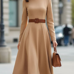 Elegant camel turtleneck belted midi dress from My Store featuring a fitted silhouette and stylish design.
