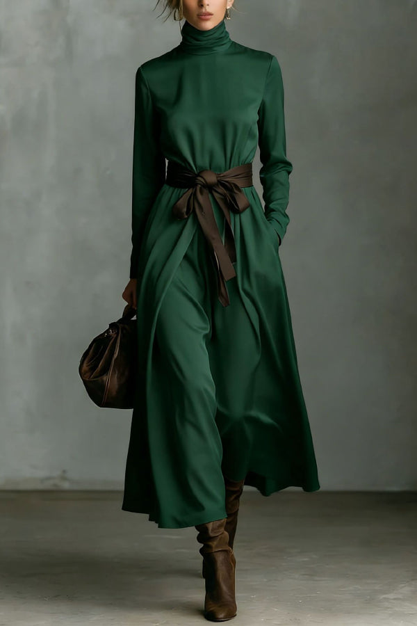 Color-blocked belted high-neck long-sleeve maxi dress with casual style, featuring vibrant color accents and a relaxed fit.