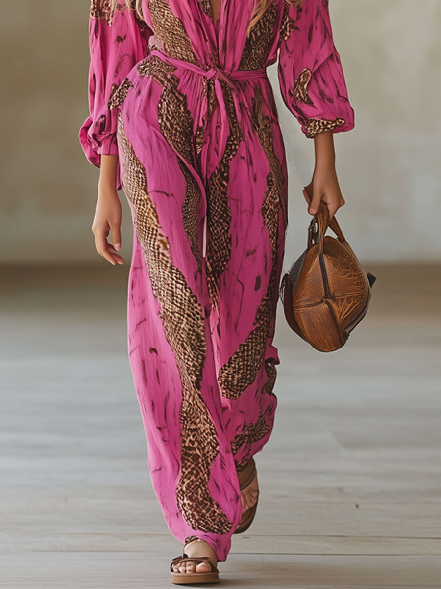 Rose red leopard print chiffon long sleeve jumpsuit for women, stylish and flowy pants with a bold animal pattern.