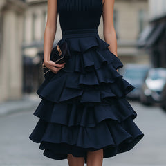 Sleeveless high neck tiered ruffle midi dress by My Store, featuring flowy fabric and layered ruffle details.