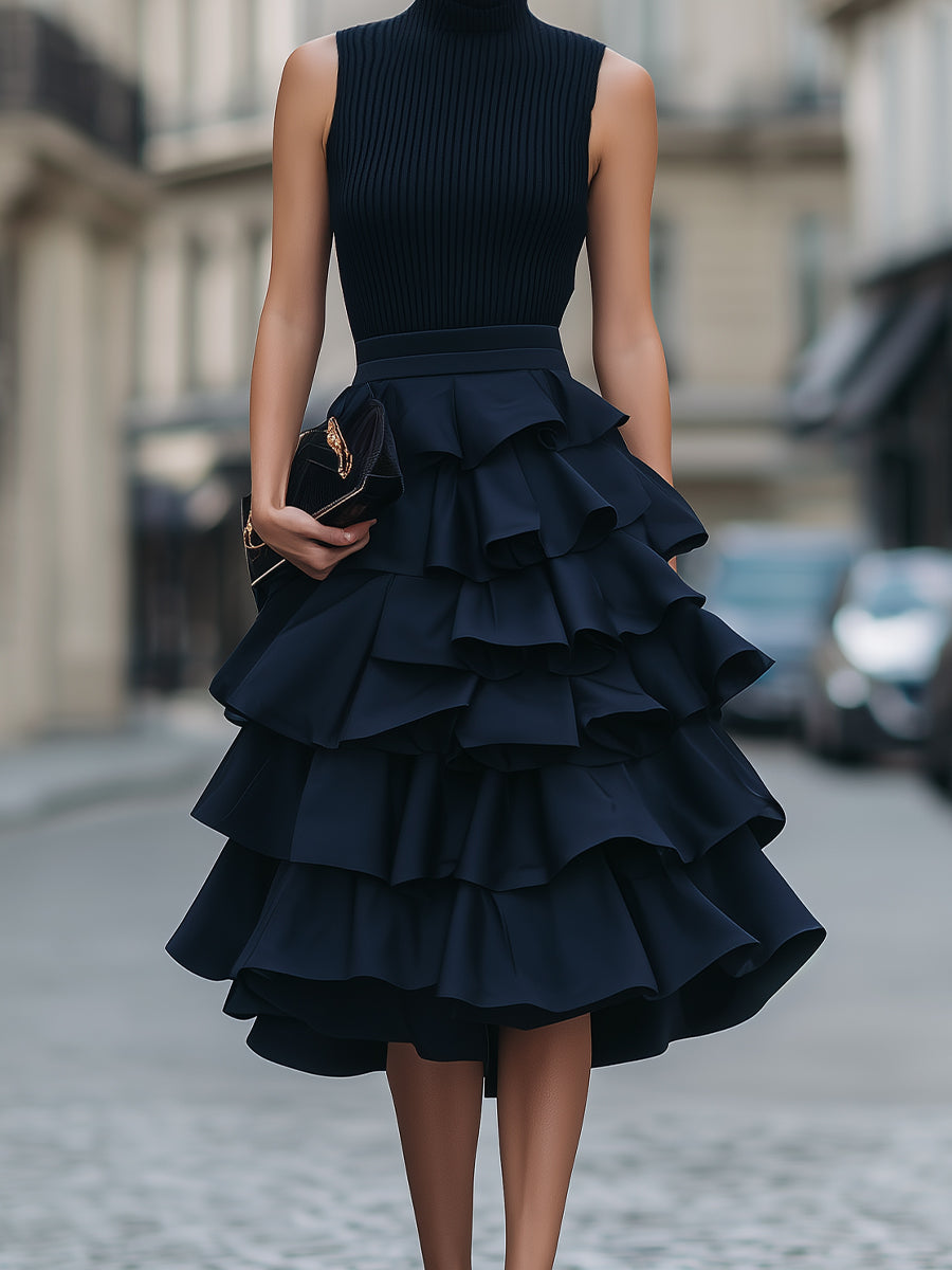 Sleeveless high neck tiered ruffle midi dress by My Store, featuring flowy fabric and layered ruffle details.