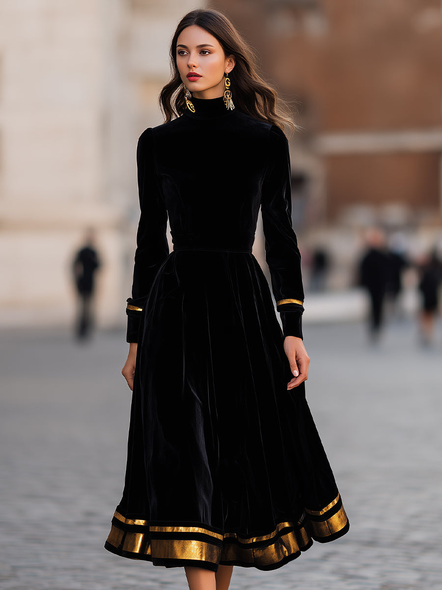 Elegant velvet midi dress with gold trim, stylish women's dress featuring a sophisticated design and luxurious fabric.
