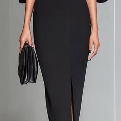 Black cape-sleeve midi sheath dress from My Store, stylish cocktail dress with elegant cape details and fitted silhouette.