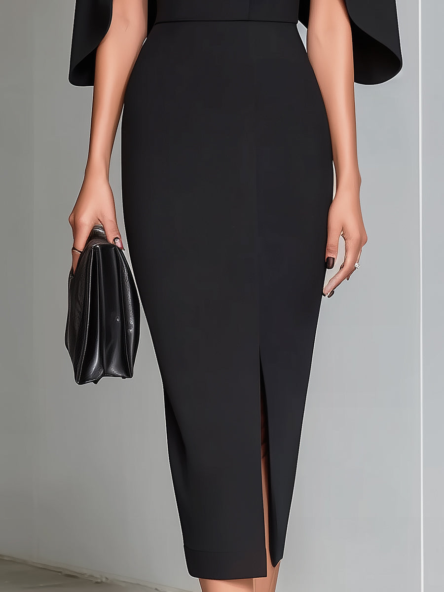 Black cape-sleeve midi sheath dress from My Store, stylish cocktail dress with elegant cape details and fitted silhouette.