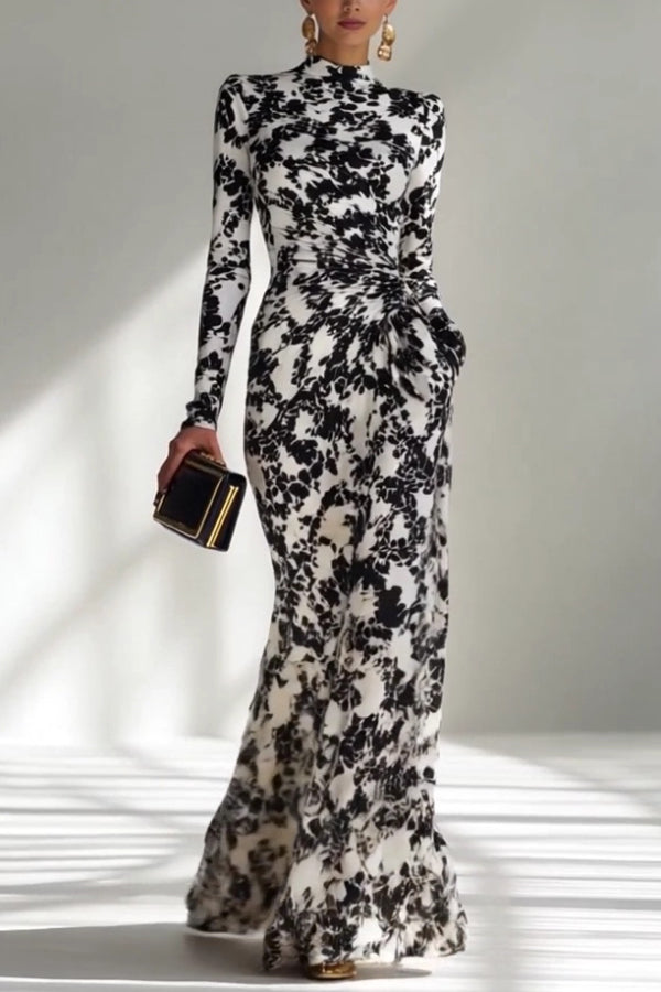 Black and white color-blocked printed maxi dress with long sleeves, pocket details, slim fit, and pleated design by My Store.