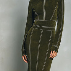 Olive green high-neck zip-up bodycon midi dress by My Store, close-up of the fitted dress with long sleeves and front zipper.