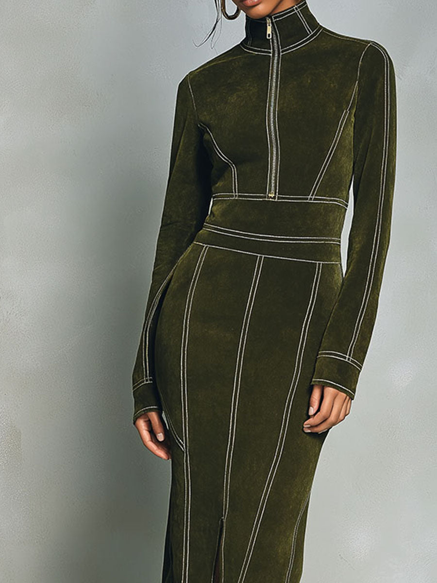 Olive green high-neck zip-up bodycon midi dress by My Store, close-up of the fitted dress with long sleeves and front zipper.
