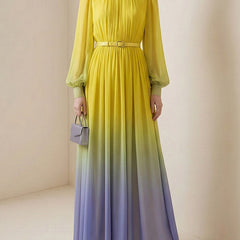 High waisted long sleeve maxi dress with belt, contrast color gradient, pleats, split joint, and round neck, by My Store.