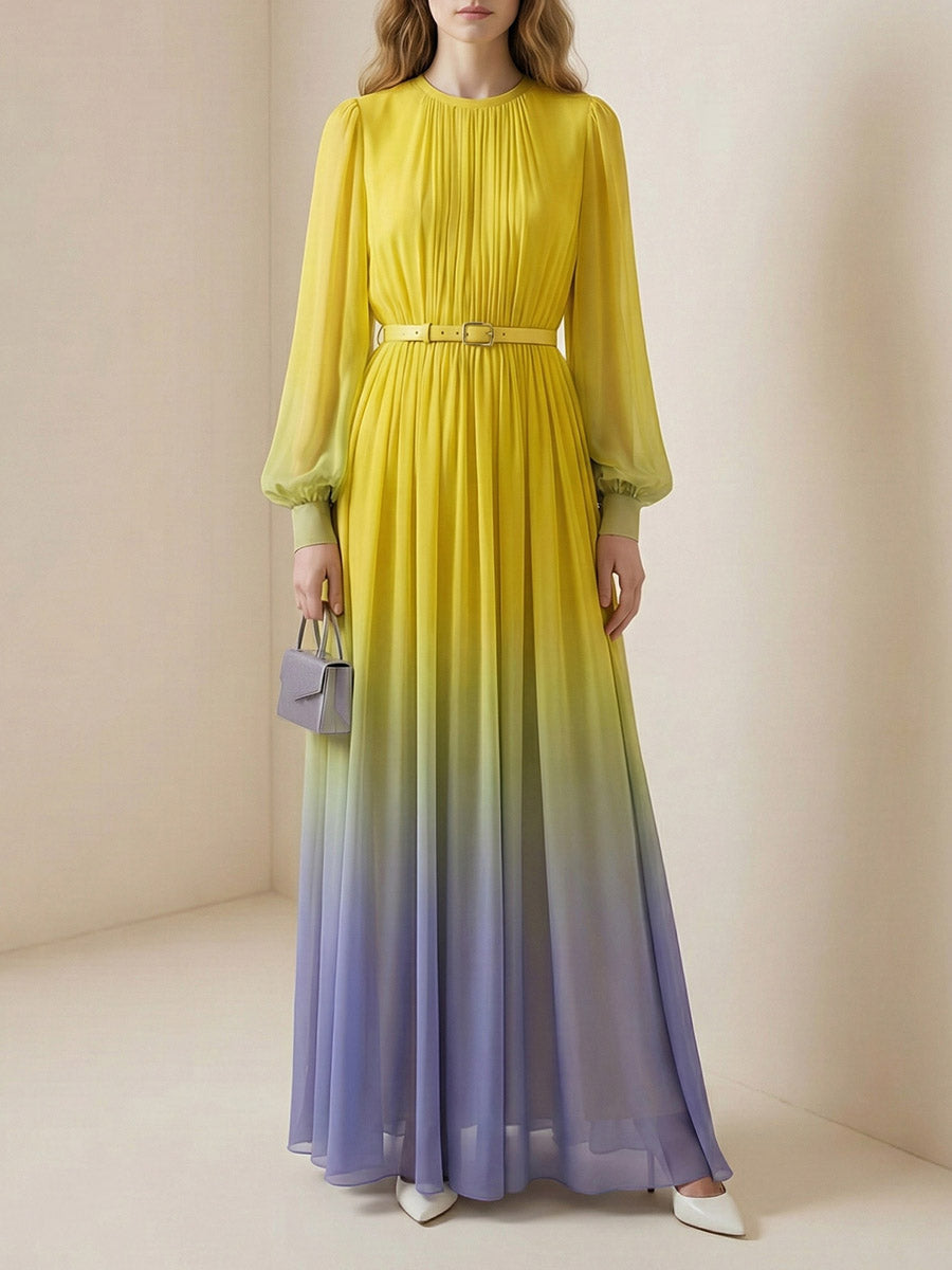 High waisted long sleeve maxi dress with belt, contrast color gradient, pleats, split joint, and round neck, by My Store.