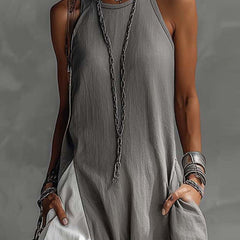 Color-blocked round neck sleeveless maxi dress with pockets, casual loose fit, from My Store.
