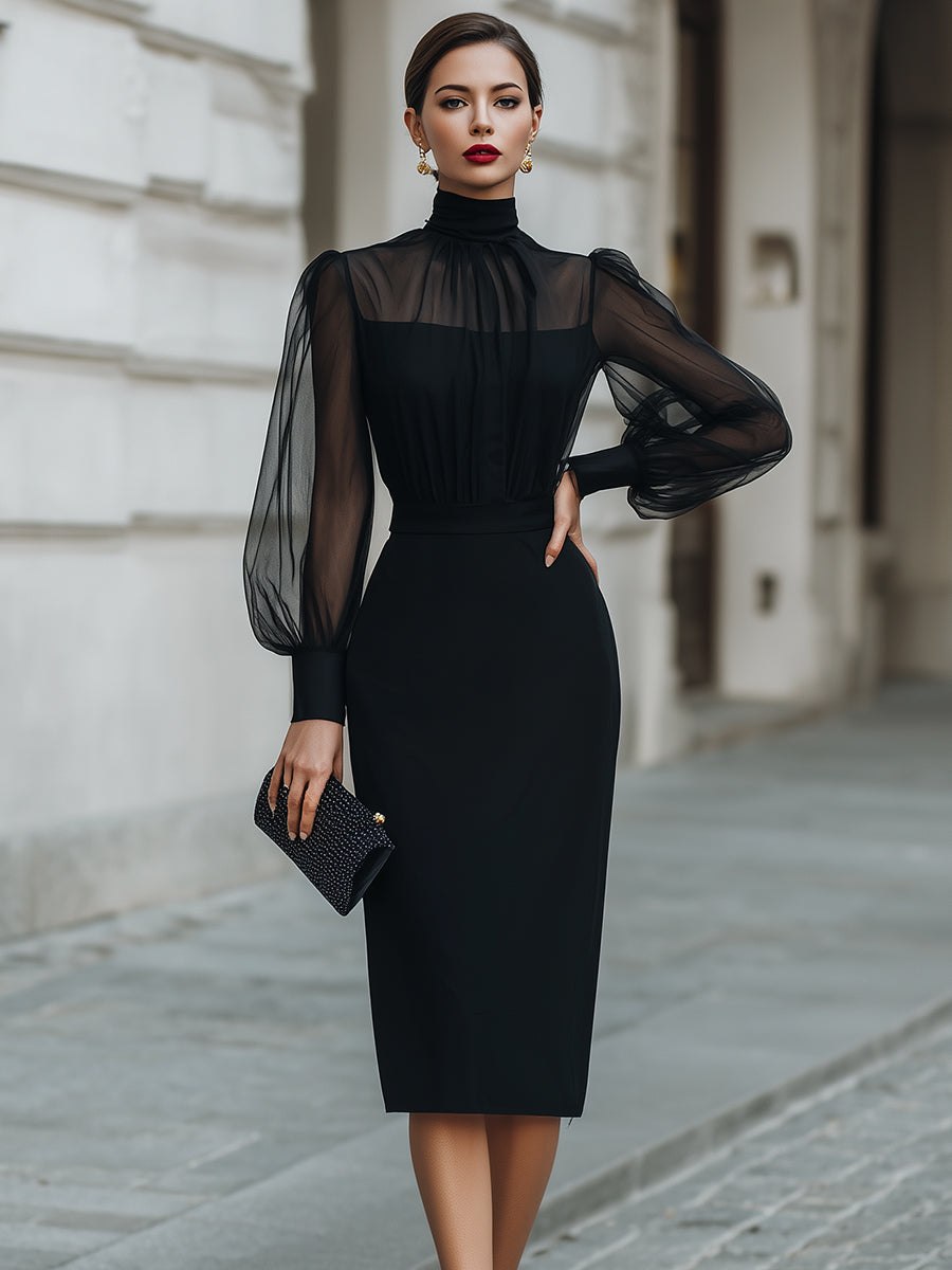 Women's high-neck sheer-sleeve pencil midi cocktail dress by Tammy Bradley, featuring a sleek silhouette and elegant design.
