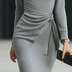 Grey knit side-tie bodycon midi dress from My Store, featuring a fitted silhouette and stylish summer business dress design.