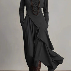 Solid color high-neck long-sleeved irregular casual maxi dress from My Store, shown on a model with flowing fabric.