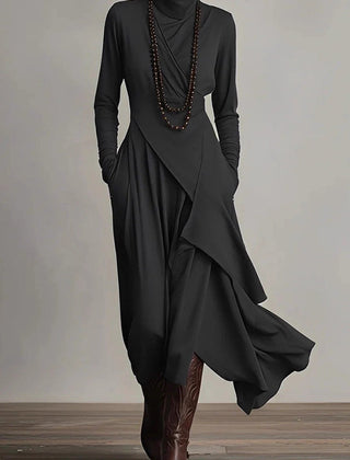 Solid color high-neck long-sleeved irregular casual maxi dress from My Store, shown on a model with flowing fabric.