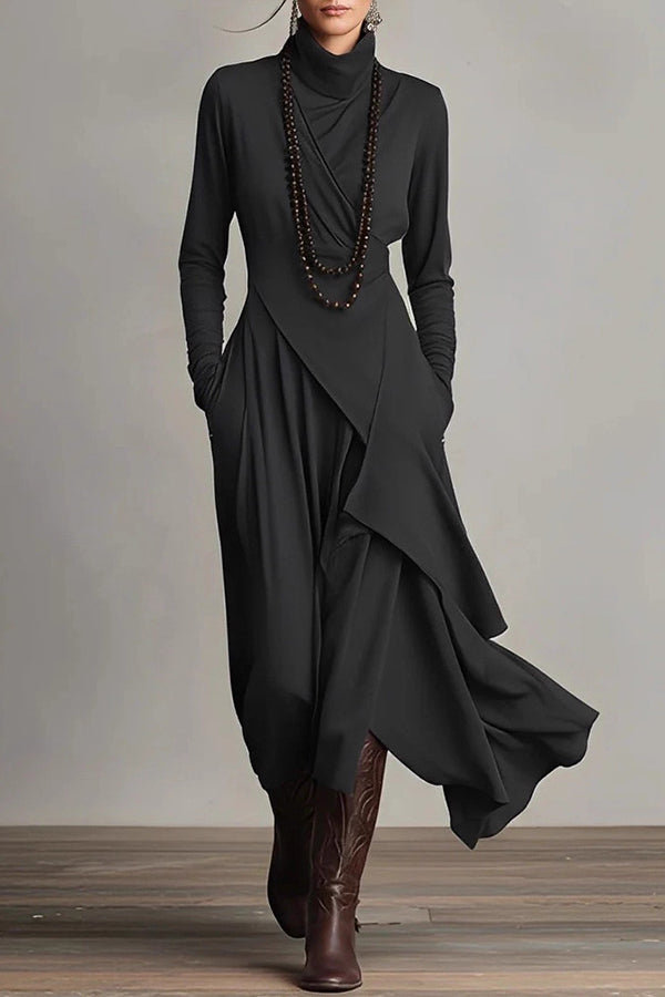 Solid color high-neck long-sleeved irregular casual maxi dress from My Store, shown on a model with flowing fabric.
