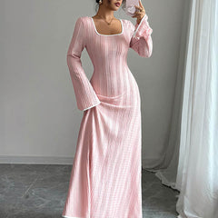 White A-line bodycon ribbed knit maxi dress with split-joint square neckline, stylish and fitted for elegant occasions.