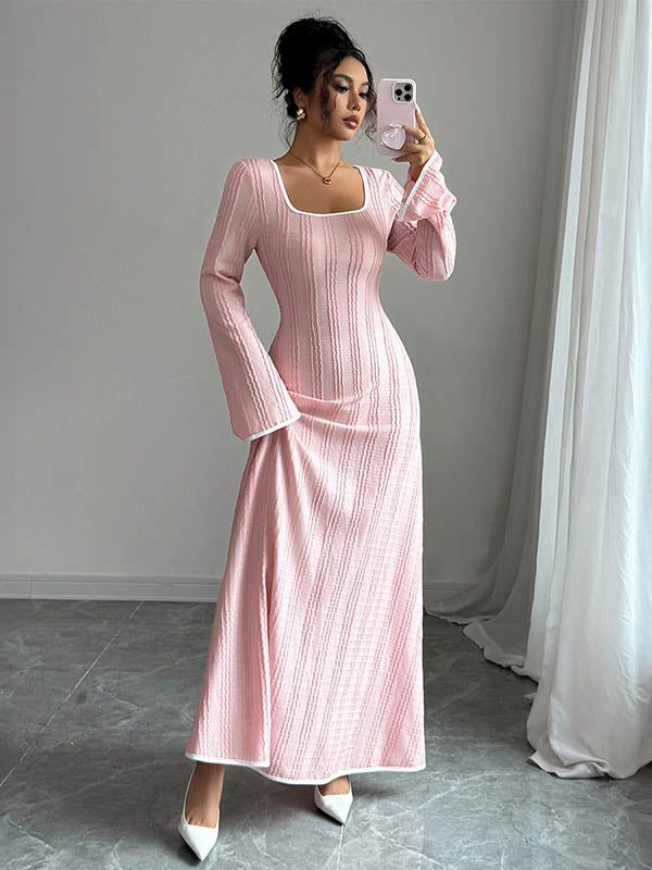 White A-line bodycon ribbed knit maxi dress with split-joint square neckline, stylish and fitted for elegant occasions.