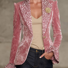 Pink contrast leopard print velvet blazer with lapel collar, stylish jackets and blazers by My Store.