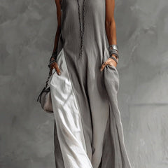 Color-blocked round neck sleeveless maxi dress with casual pockets, loose fit, perfect for summer, by My Store.