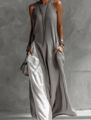 Color-blocked round neck sleeveless maxi dress with casual pockets, loose fit, perfect for summer, by My Store.