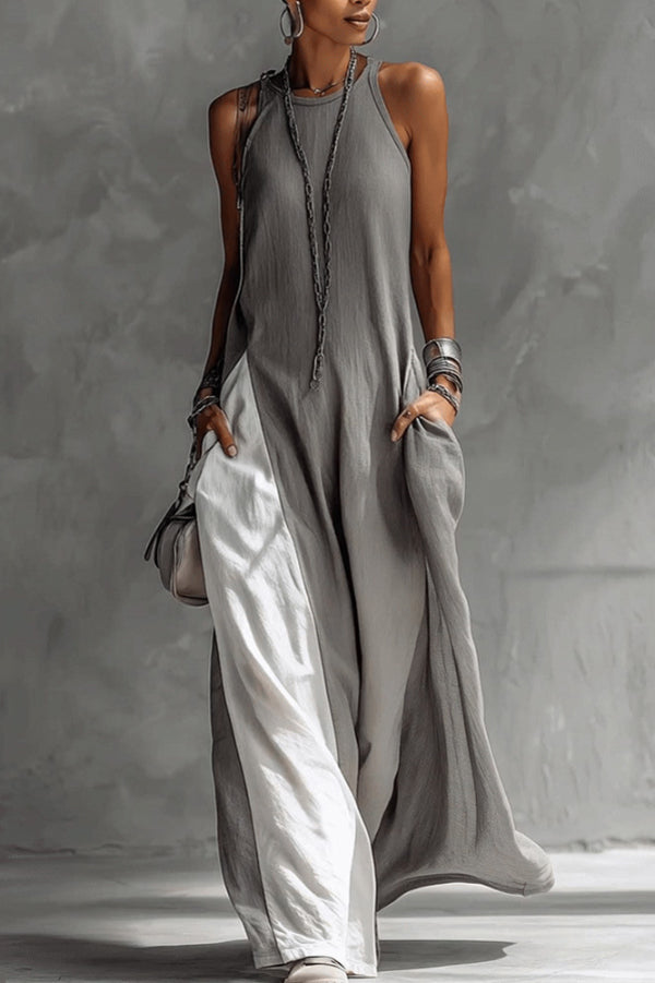 Color-blocked round neck sleeveless maxi dress with casual pockets, loose fit, perfect for summer, by My Store.