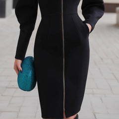 Black zip-front puff-sleeve tailored midi dress by My Store, featuring a sleek design perfect for business or formal occasions.