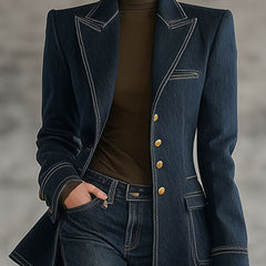 Navy topstitched denim jacket for women with classic collar and button front, stylish and versatile outerwear from My Store.