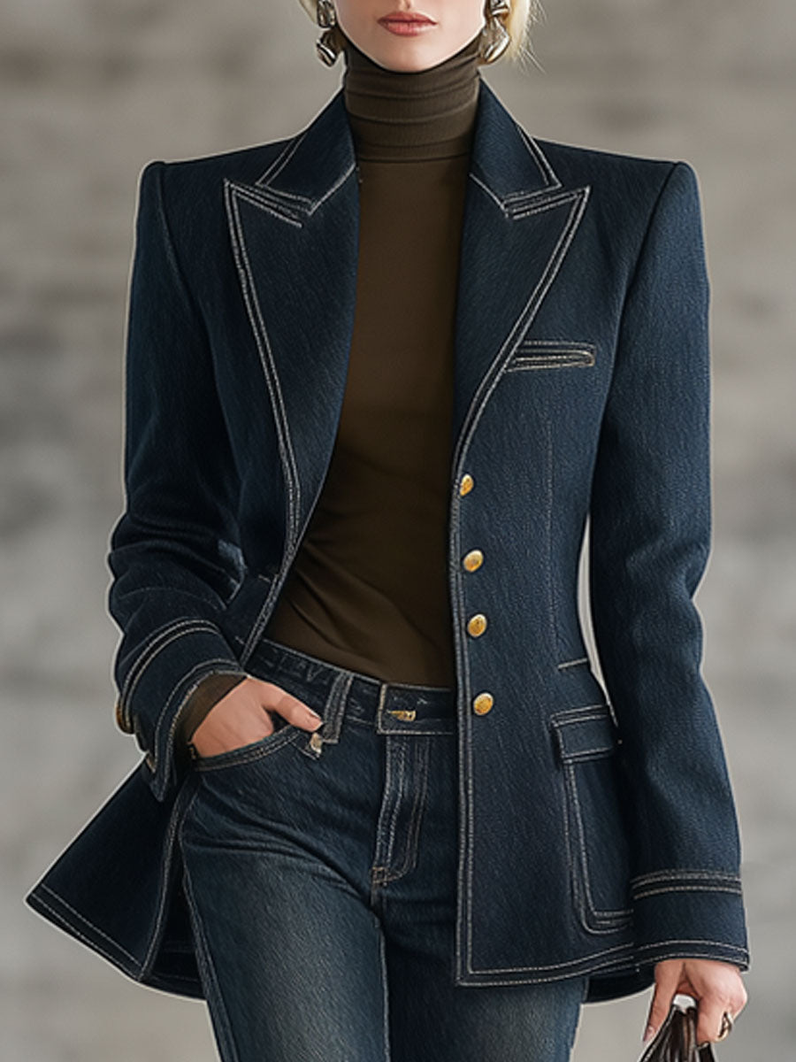 Navy topstitched denim jacket for women with classic collar and button front, stylish and versatile outerwear from My Store.