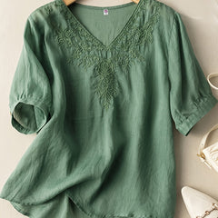 Light beige linen summer blouse for women with V-neck and flowy casual fit, stylish top from My Store.