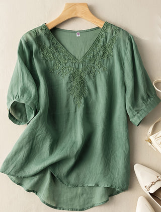 Light beige linen summer blouse for women with V-neck and flowy casual fit, stylish top from My Store.