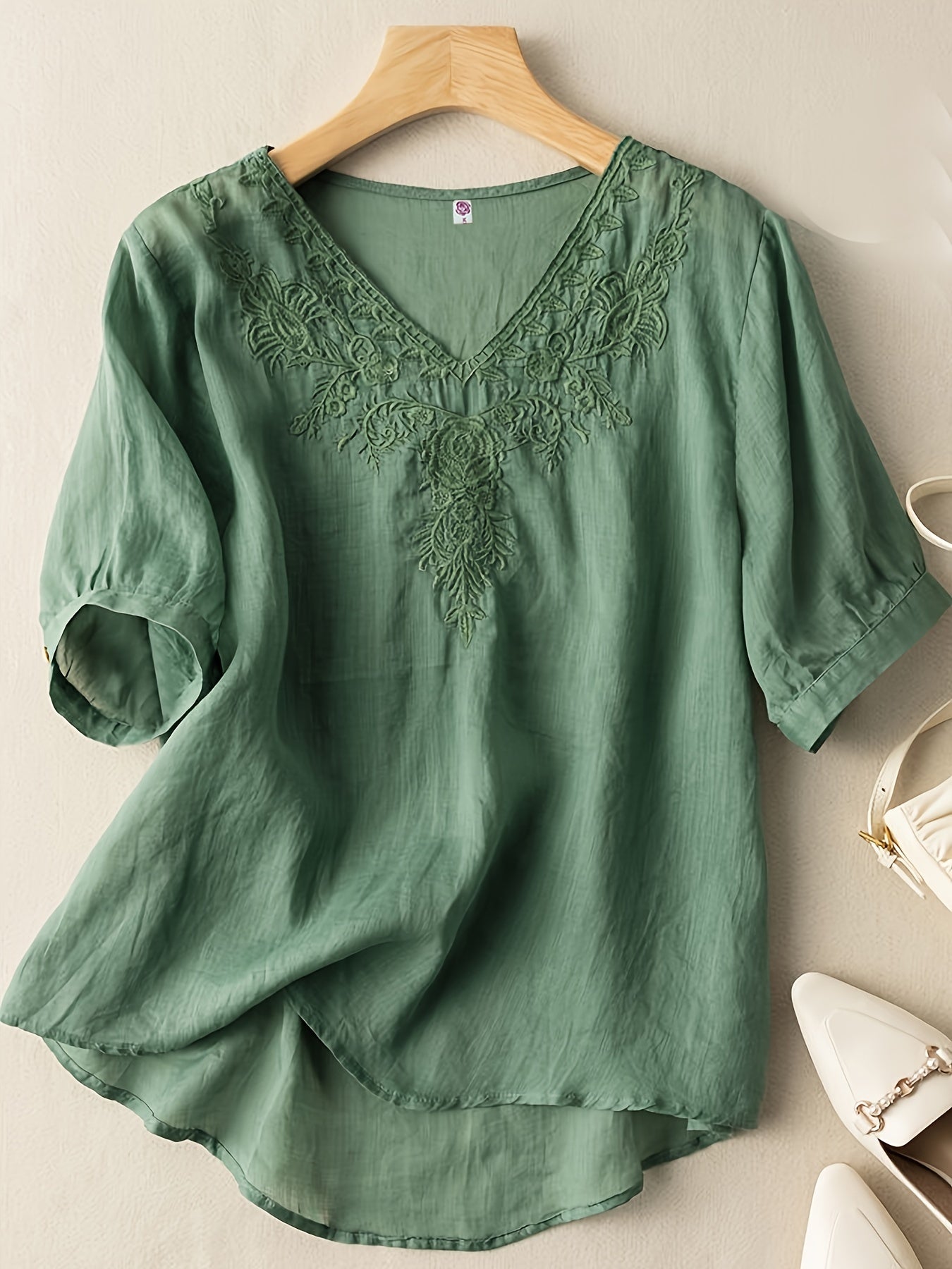 Light beige linen summer blouse for women with V-neck and flowy casual fit, stylish top from My Store.