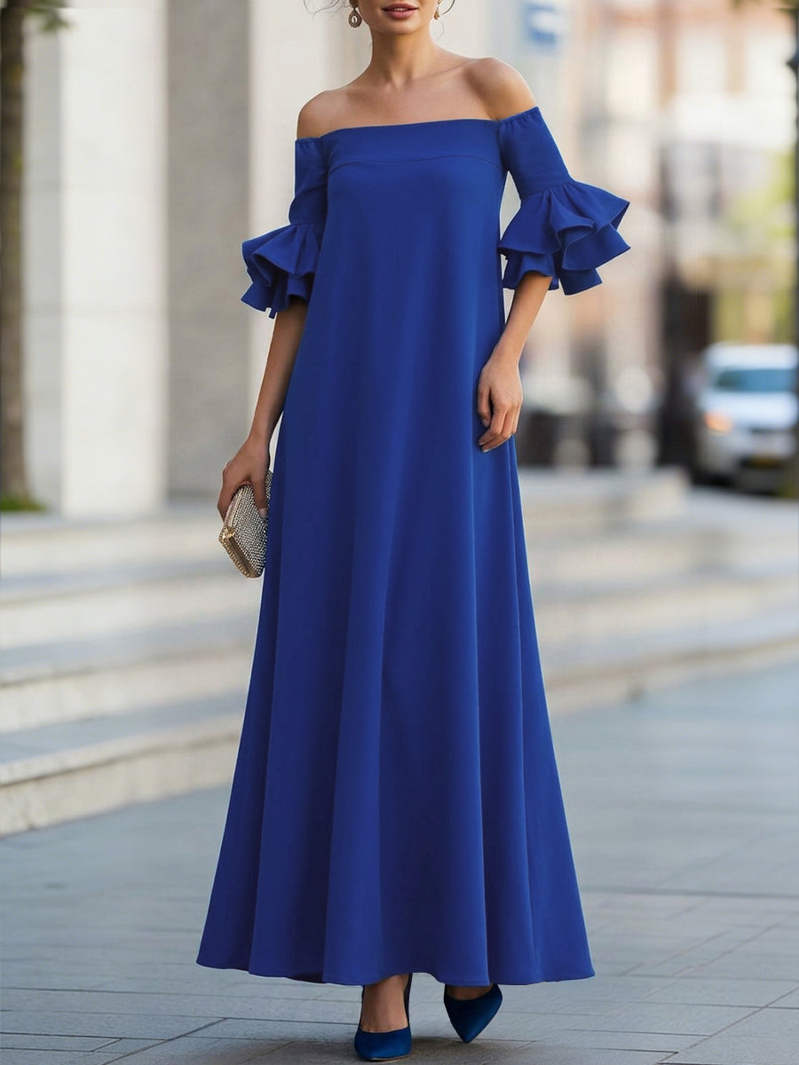 White off-the-shoulder maxi dress with half sleeves, loose fit, solid color, stylish and elegant for casual or formal occasions.