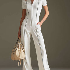 White cotton blend short sleeve wide-leg jumpsuit for women, featuring a relaxed fit and stylish design.