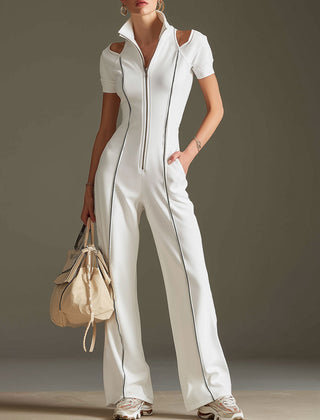 White cotton blend short sleeve wide-leg jumpsuit for women, featuring a relaxed fit and stylish design.