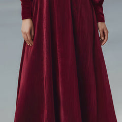 Burgundy velvet pleated midi dress with bow-neck design, elegant cocktail dress by My Store, featuring a flowing silhouette.