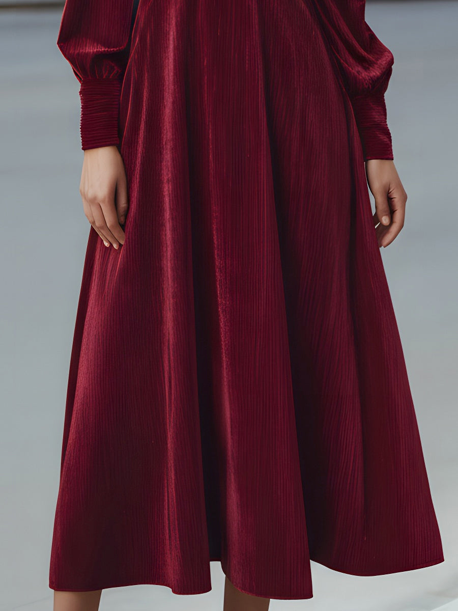 Burgundy velvet pleated midi dress with bow-neck design, elegant cocktail dress by My Store, featuring a flowing silhouette.
