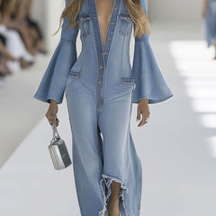 Light blue denim flared long sleeve jumpsuit for women with wide-leg pants, stylish and comfortable from My Store.
