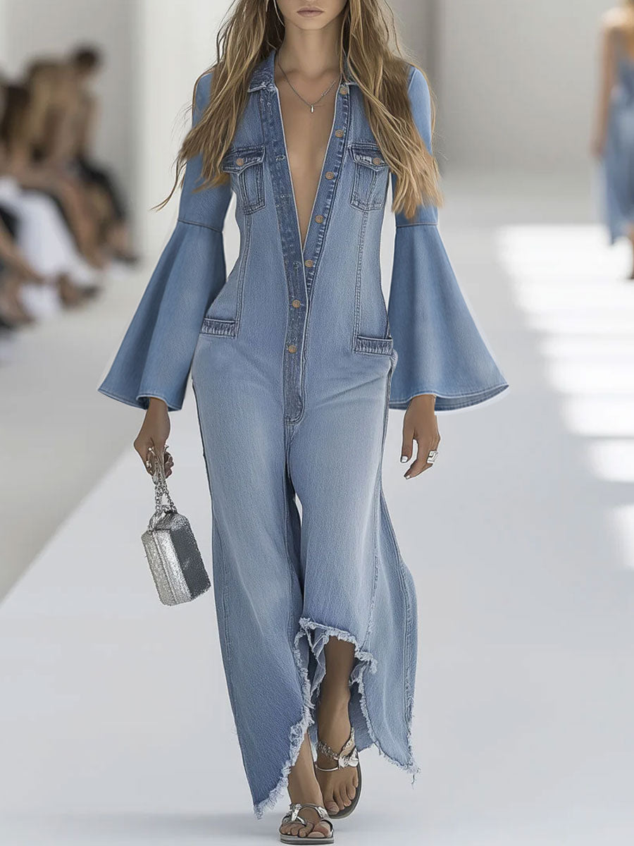 Light blue denim flared long sleeve jumpsuit for women with wide-leg pants, stylish and comfortable from My Store.