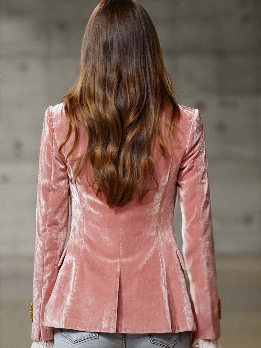 Pink velvet blazer with gold buttons for women, stylish jacket from My Store, featuring a tailored fit and elegant design.